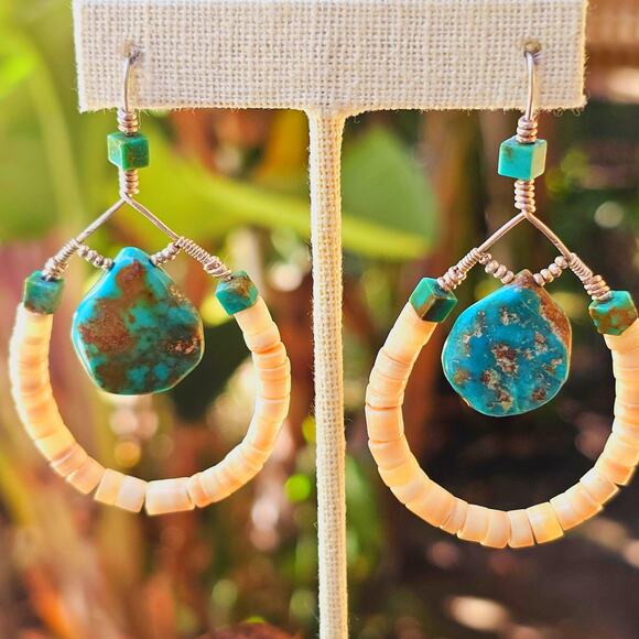 Shell Heishi w/Turquoise Sterling Silver Teardrop Earrings NEW - Picture 1 of 9